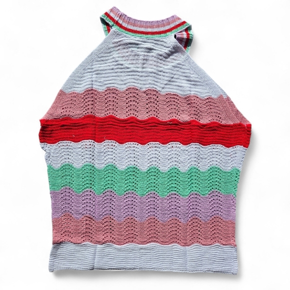 Tops - Striped Crochet  Colorblock Halter Tank Top - Multicolor